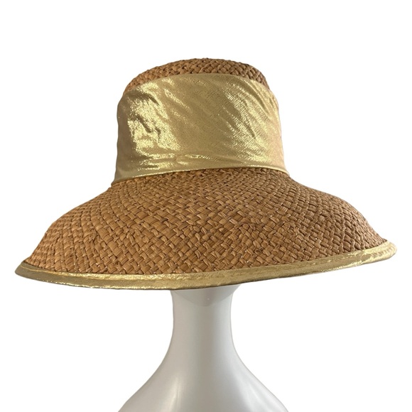 VINTAGE HAT 80s CACHÉ Straw Gold Metallic Shiny Lame Band+Rim Sun Beach Hiking - Picture 7 of 12